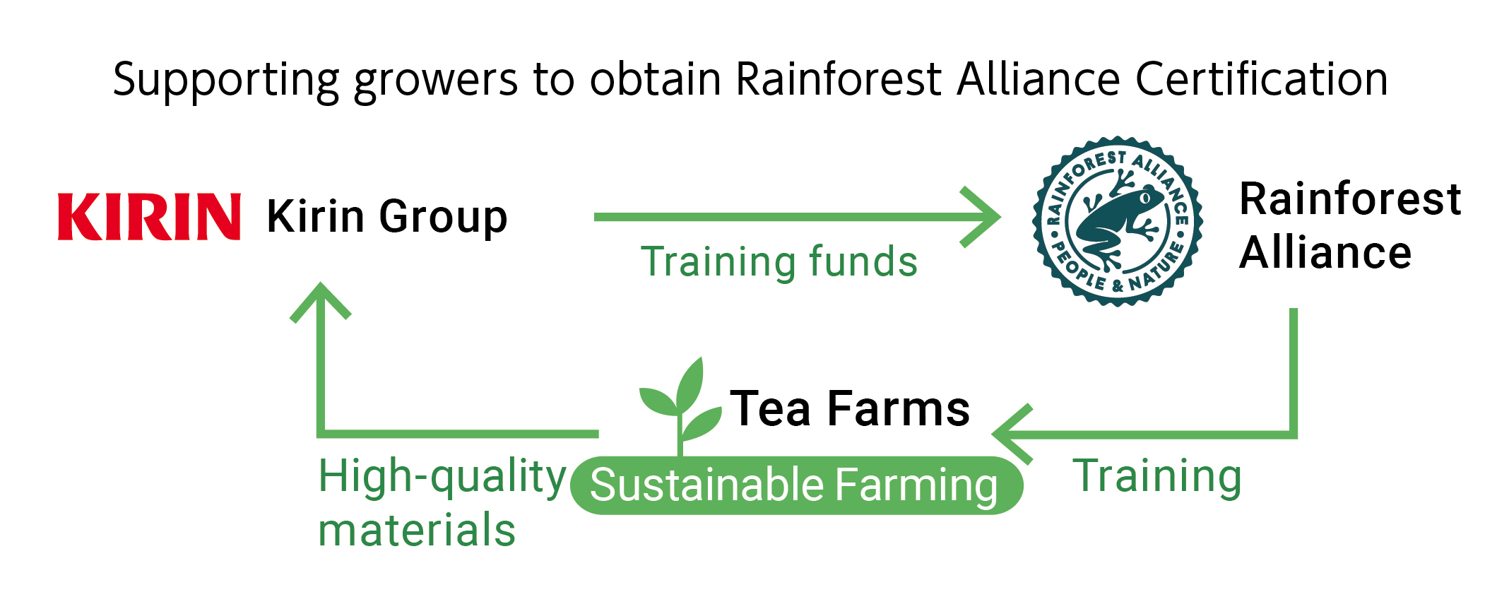 To support more sustainable tea production areas, the Kirin Group is helping to provide training costs for tea farms in Sri Lanka to obtain "Rainforest Alliance Certification.
