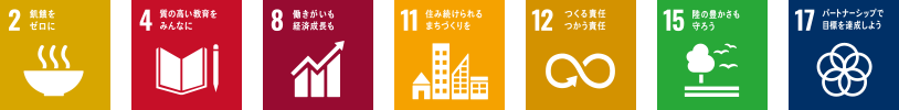 2 飢餓をゼロに,4 質の高い教育をみんなに,8 働きがいも経済成長も,11 住み続けられるまちづくりを,12 つくる責任 つかう責任,15 陸の豊かさも守ろう,17 パートナーシップで目標を達成しよう