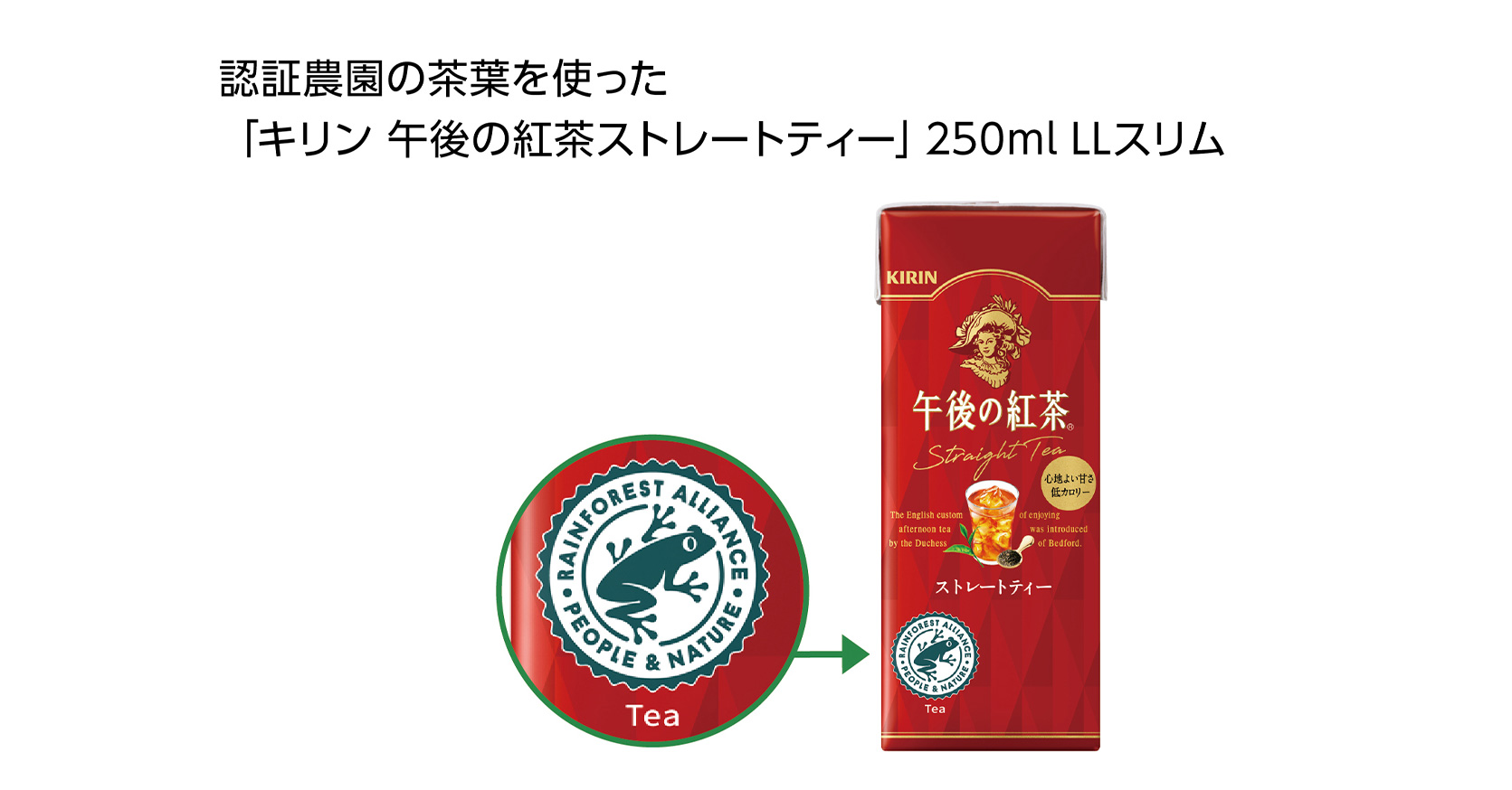 認証農園の茶葉を使った「キリン 午後の紅茶ストレートティー」250ml LLスリムのパッケージにはレインフォレストアライアンスのマークが入っています。