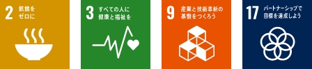 2 飢餓をゼロに 3 すべての人に健康と福祉を 9 産業と技術革新の基盤をつくろう 17 パートナーシップで目標を達成しよう